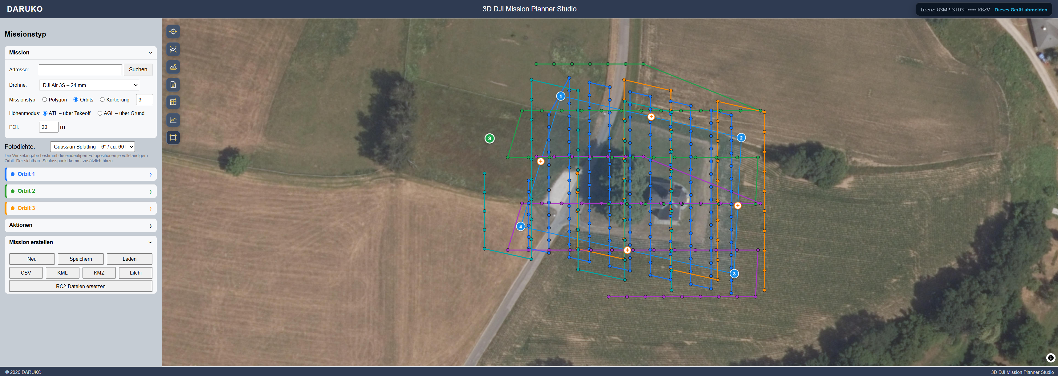 3D DJI Mission Planner mit geplanter Flugroute